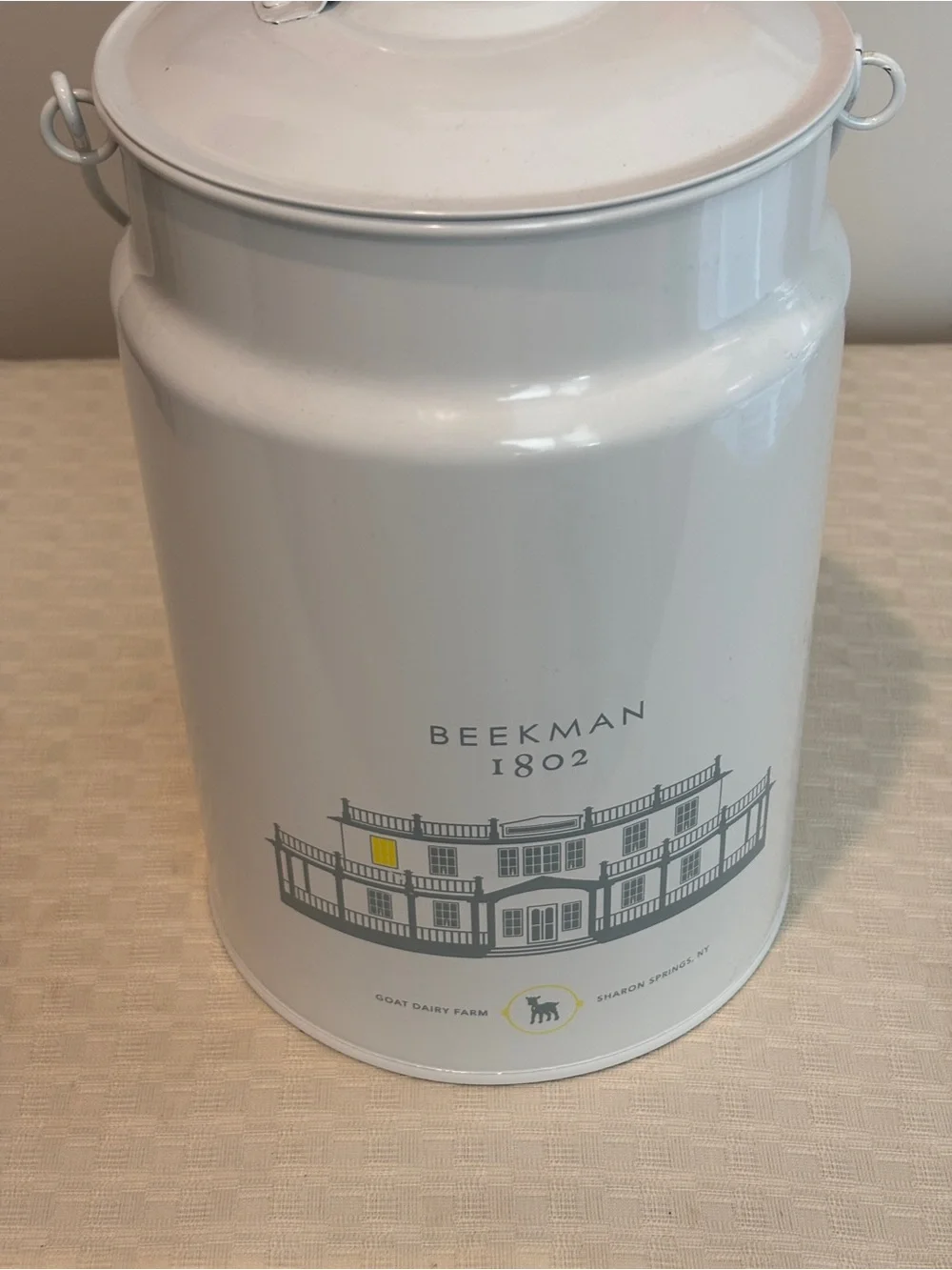 Beekman 1802 White Metal Kitchen Canister with Farmhouse Graphic